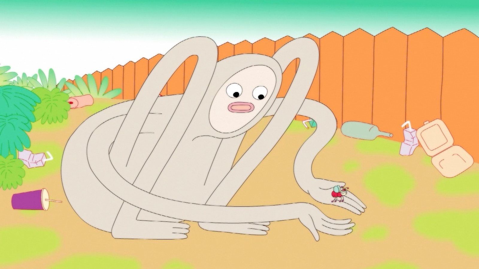 Spoon character laughing in an ice‑cream tub, sun‑bleached animation still from Babyface